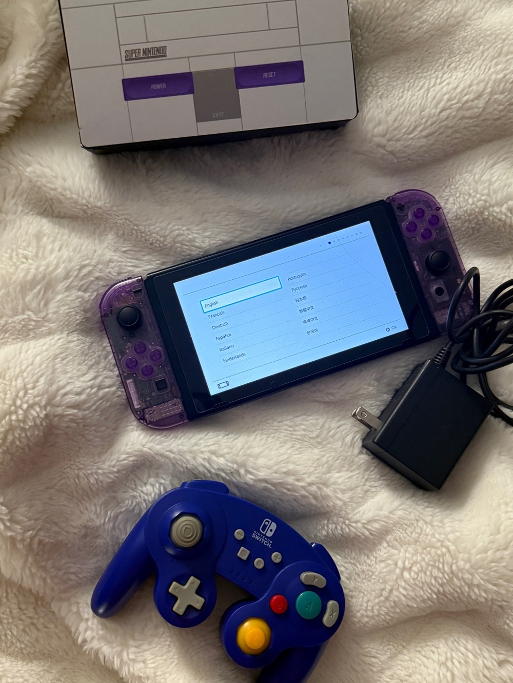 Nintendo Switch V1 Custom Clear Purple Joy-Cons + SNES dock + Gamecube Control